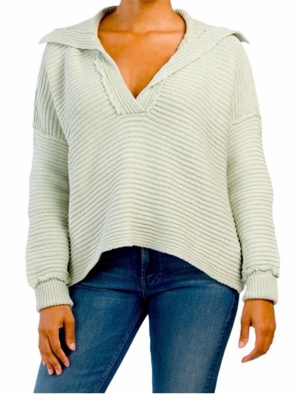 Free People Marlie V-Neck Knit Oversized Pullover in Light Sage